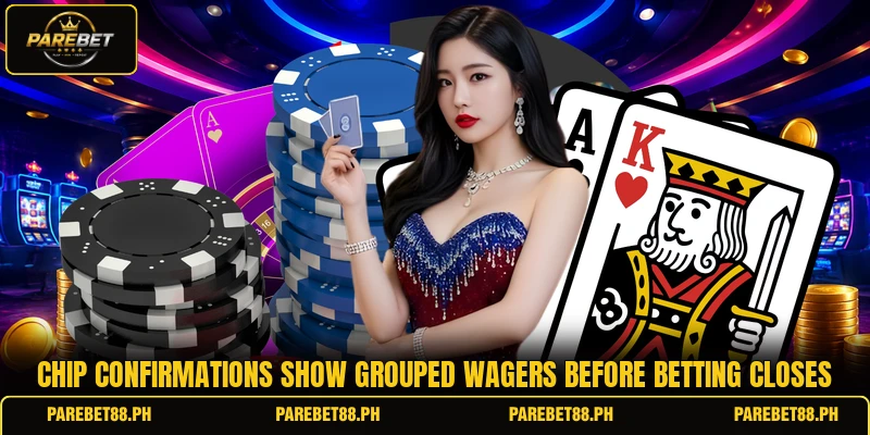 Chip confirmations show grouped wagers before betting closes Chip confirmations show grouped wagers before betting closes